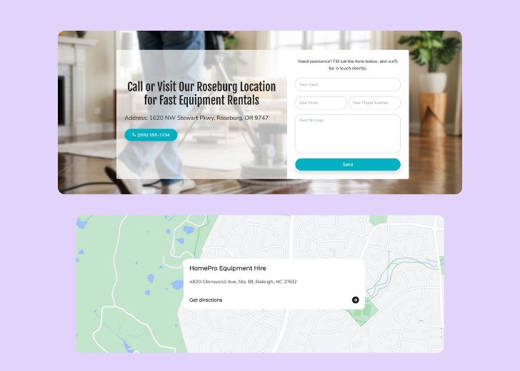 A screenshot of a header with navigation pills with contact number, a blue-colored primary button with contact number, and a 2D depiction of a map with a business address in the center