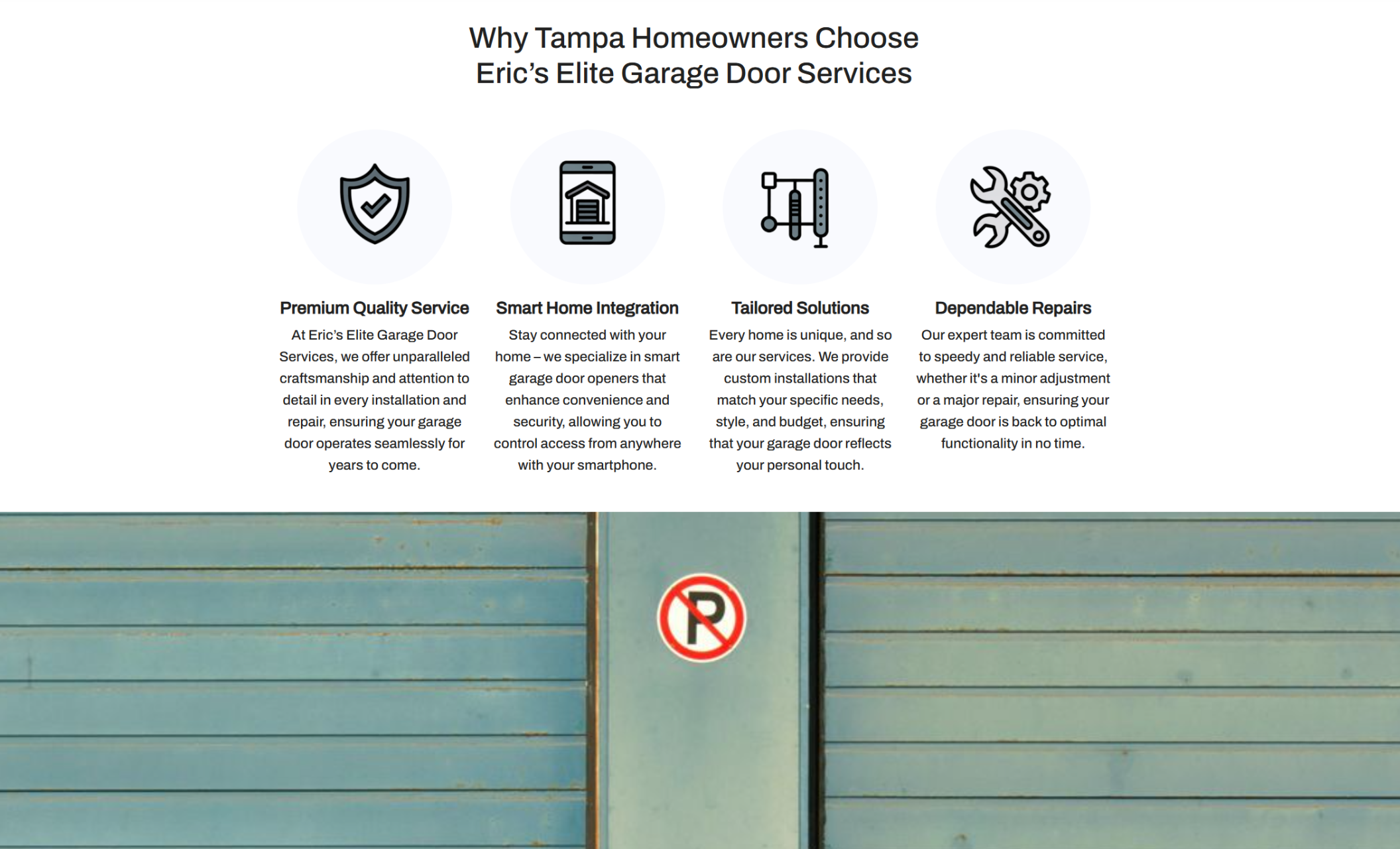 Section titled “Why Tampa Homeowners Choose Eric’s Elite Garage Door Services” featuring four icons and benefit statements for Premium Quality Service, Smart Home Integration, Tailored Solutions, and Dependable Repairs above a large garage door background photo