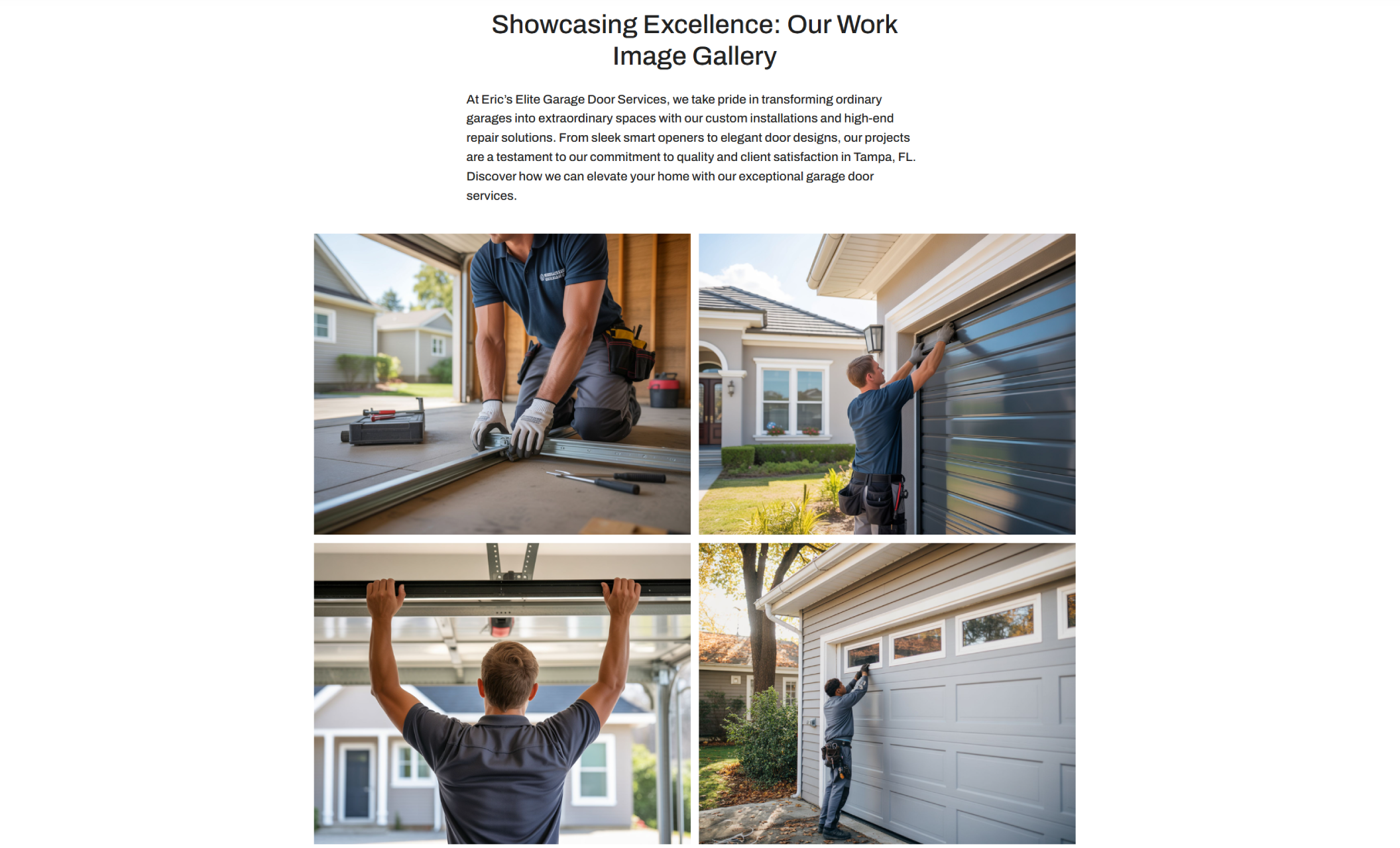 “Our Work Image Gallery” section showcasing four side-by-side photos of garage door technicians measuring tracks, inspecting a metal door, lifting hardware, and working on a residential garage door installation