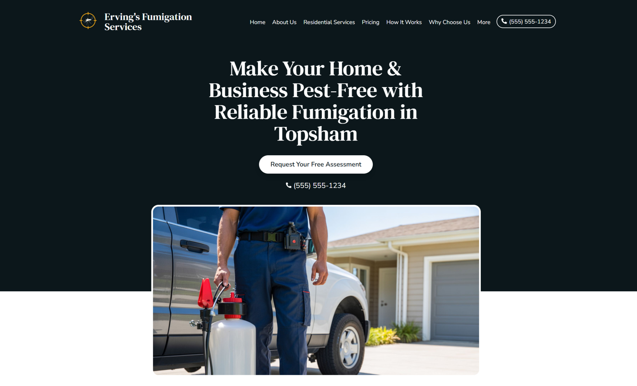 Erving’s Fumigation Services homepage hero featuring a technician standing beside a truck with fumigation equipment under the headline “Make Your Home & Business Pest-Free with Reliable Fumigation in Topsham.”