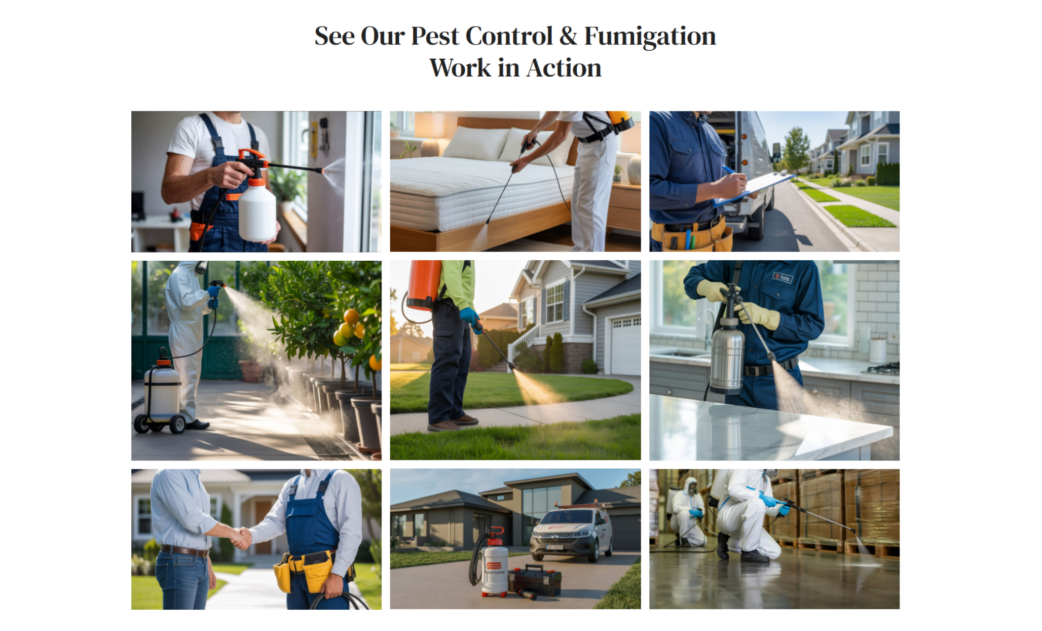 Erving’s Fumigation Services gallery section titled “See Our Pest Control & Fumigation Work in Action,” featuring a grid of technicians spraying homes, inspecting properties, and performing pest treatments