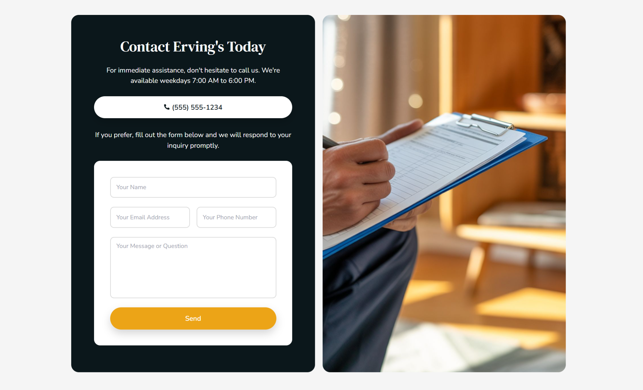 Erving’s Fumigation Services contact section showing the headline “Contact Erving’s Today,” a phone call button, and a contact form beside a technician writing notes on a clipboard