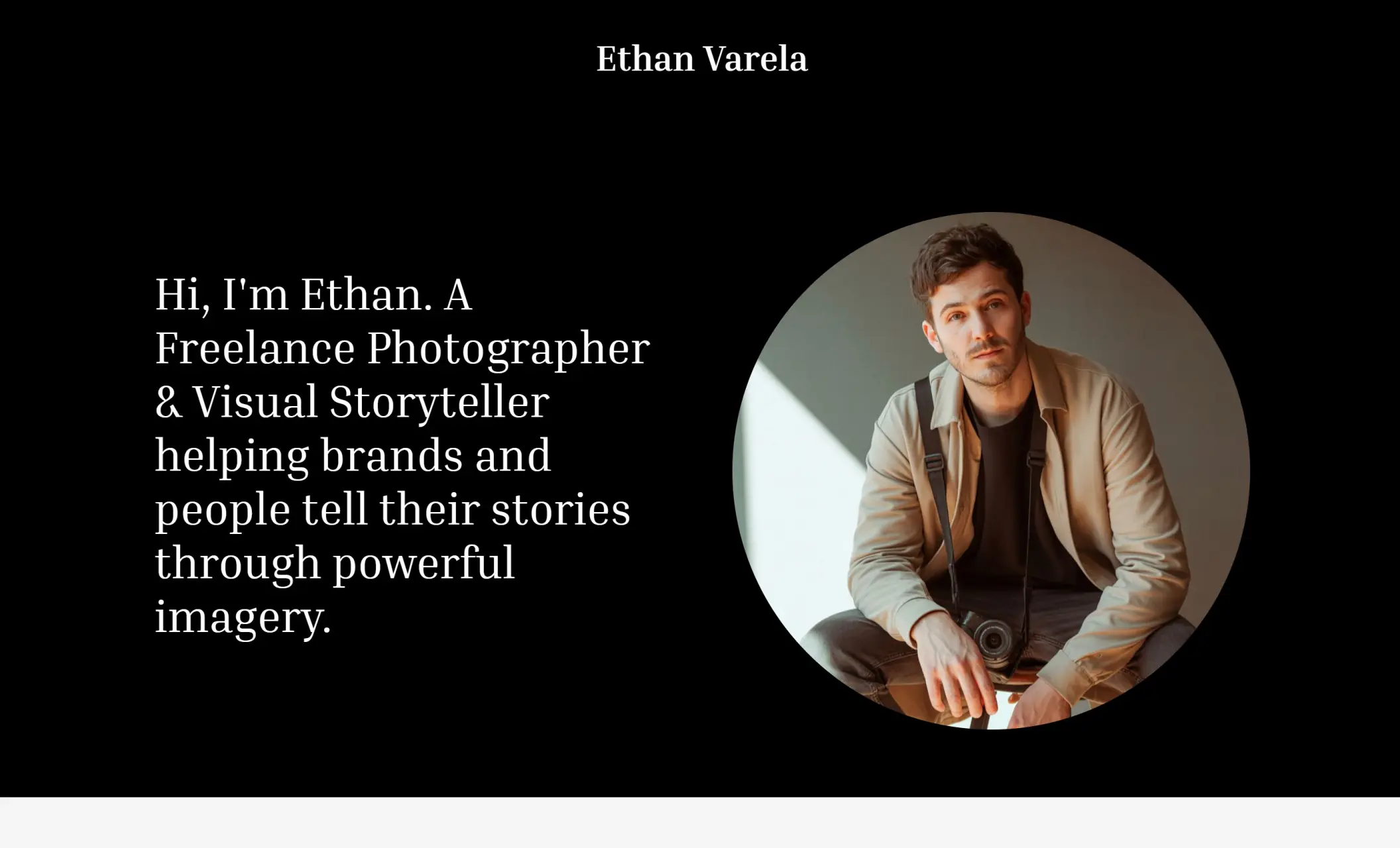 Ethan Varela's homepage featuring a portrait, and a brief introduction