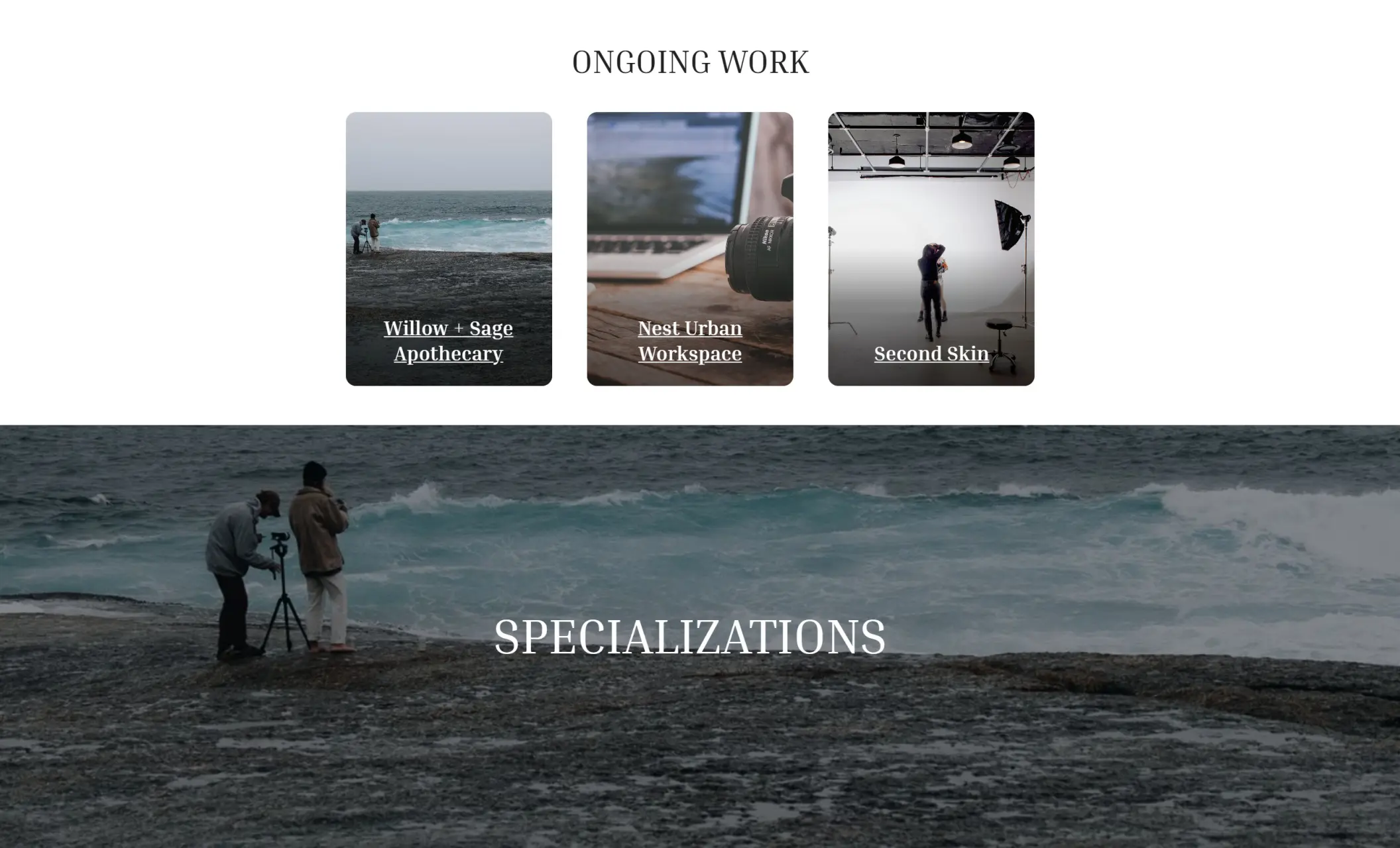 Ethan Varela's website displaying sections about ongoing work and specializations