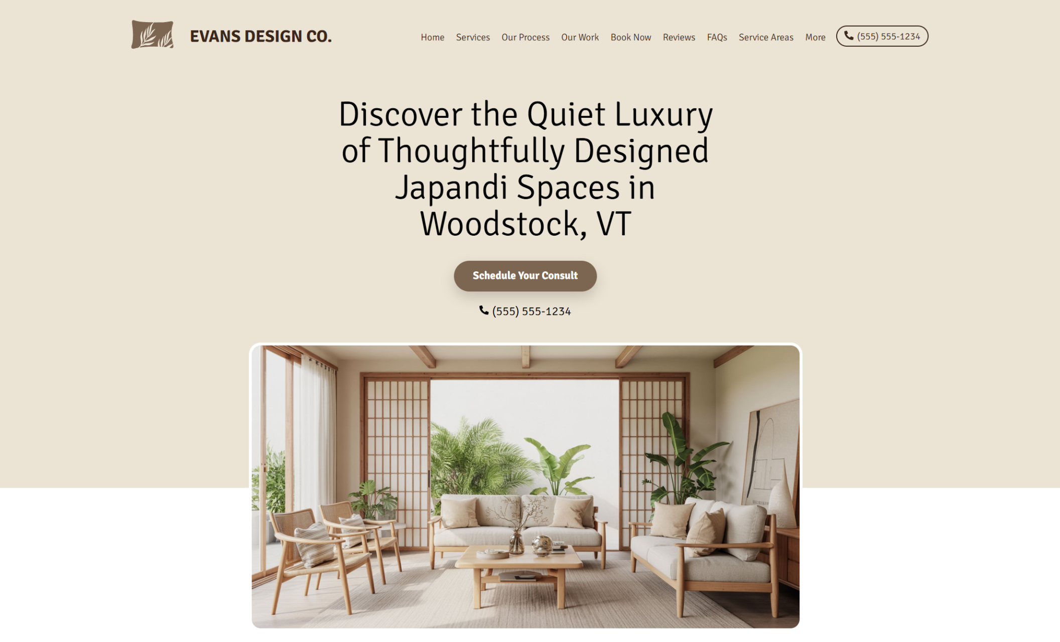 Homepage hero of Evans Design Co. displaying a serene Japandi living room with natural wood furniture and greenery beneath the headline “Discover the Quiet Luxury of Thoughtfully Designed Japandi Spaces in Woodstock, VT” and a centered “Schedule Your Consult” button