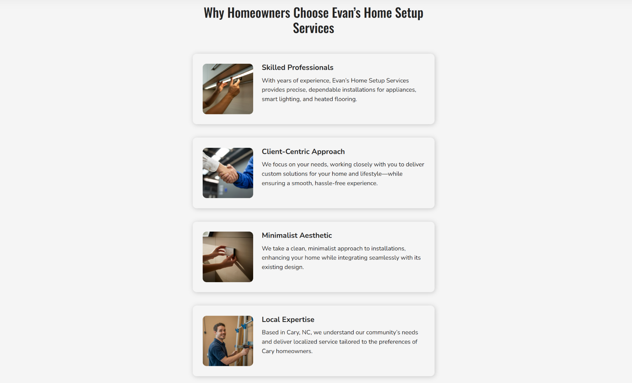 Evan’s Home Setup Services “Why Us” section titled “Why Homeowners Choose Evan’s Home Setup Services,” featuring four cards highlighting skilled professionals, client-centric service, minimalist aesthetic, and local expertise with small photos