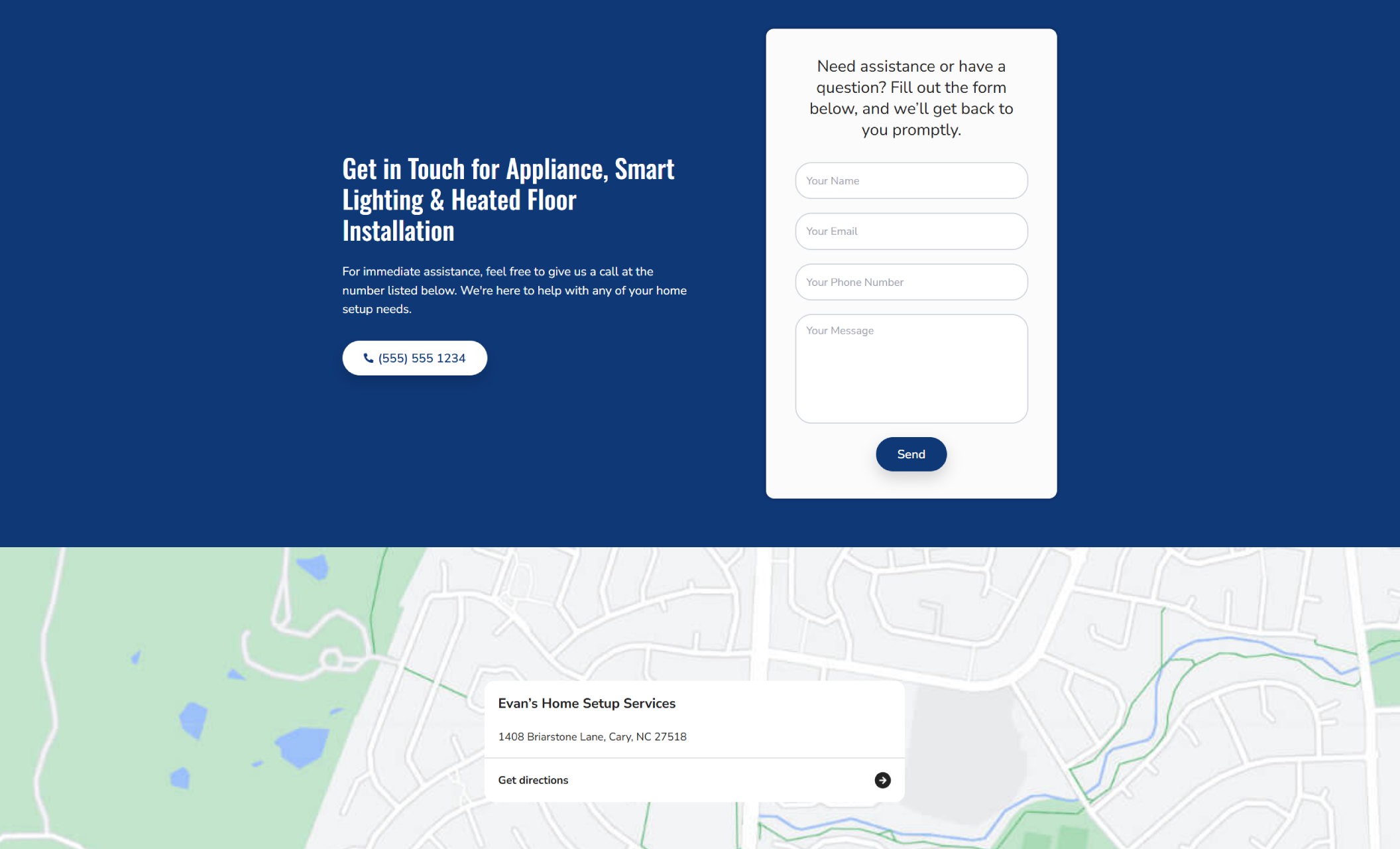 Evan’s Home Setup Services contact section showing the headline “Get in Touch for Appliance, Smart Lighting & Heated Floor Installation” beside a white contact form and phone button on a dark blue background above a map preview