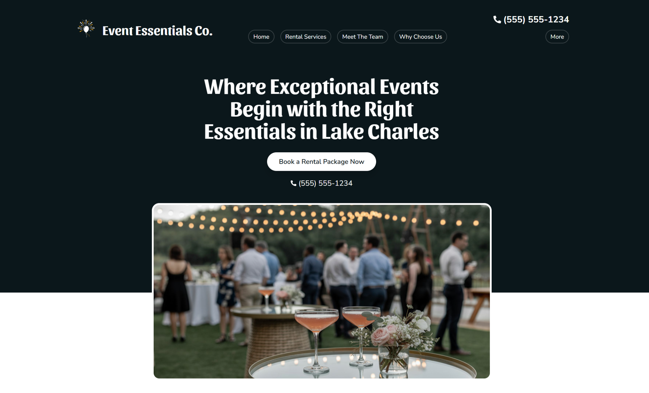 Event Essentials Co. homepage hero featuring the headline “Where Exceptional Events Begin with the Right Essentials in Lake Charles,” with a “Book a Rental Package Now” button above a photo of an outdoor gathering with string lights and cocktail tables