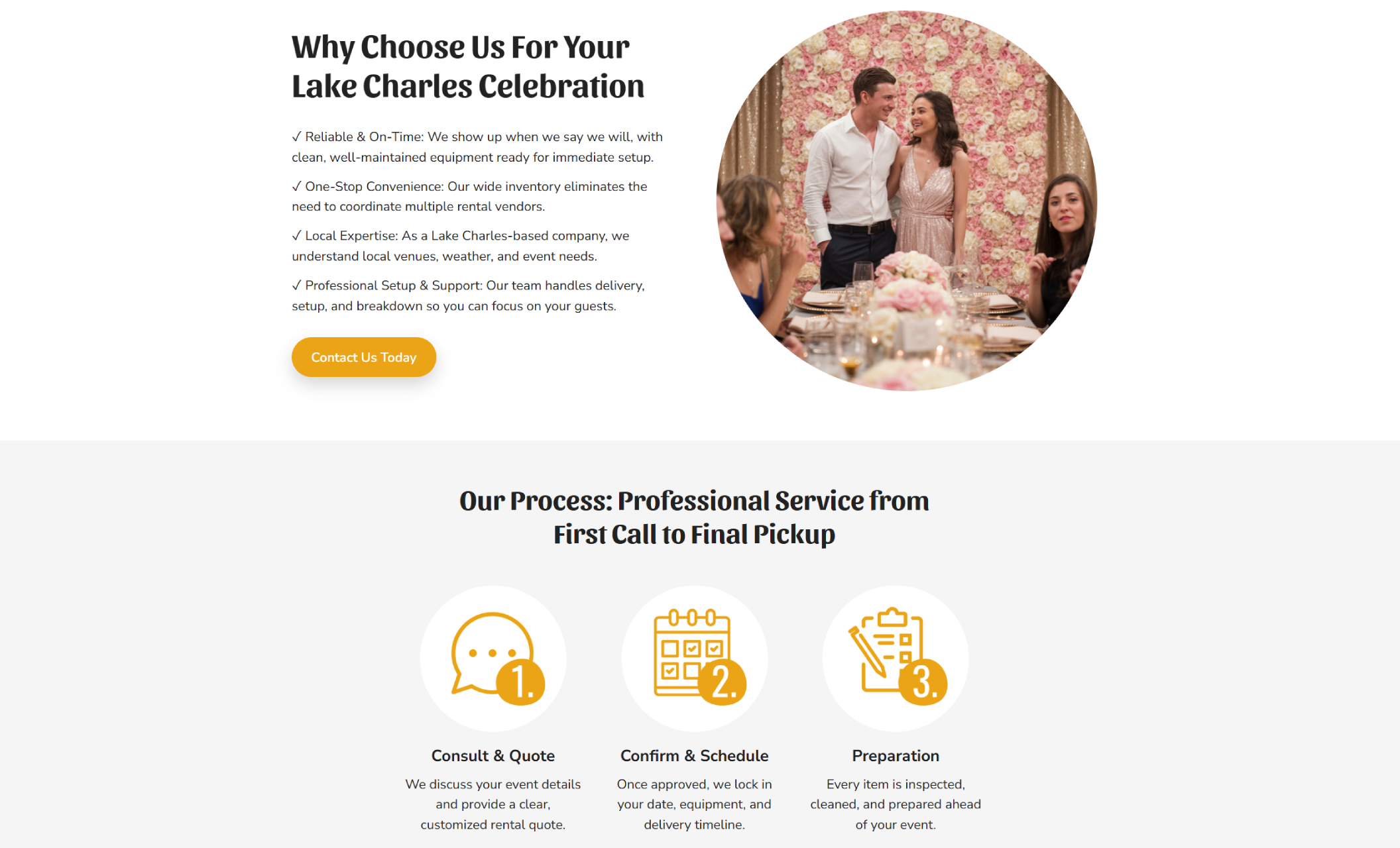 Event Essentials Co. “Why Choose Us” section featuring the headline “Why Choose Us For Your Lake Charles Celebration,” with a “Contact Us Today” button and a circular photo of a couple smiling at a decorated event table in front of a floral backdrop