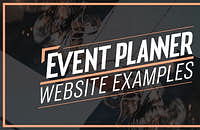 Image of a catering table at an event with overlaying text that reads "Event Planner Website Examples"