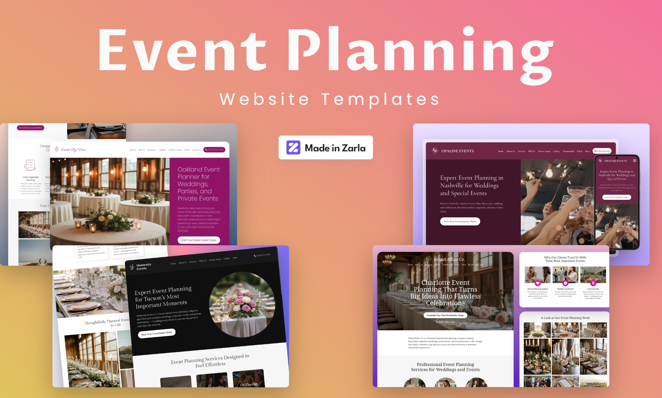 A collection of event planning website templates created with Zarla's AI website builder