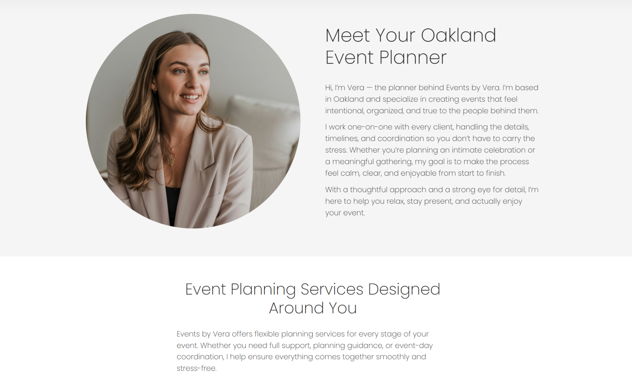 Events By Vera about section featuring a large circular portrait of Vera beside the heading “Meet Your Oakland Event Planner” and a short introduction describing her planning style, with a soft, airy layout and plenty of white space