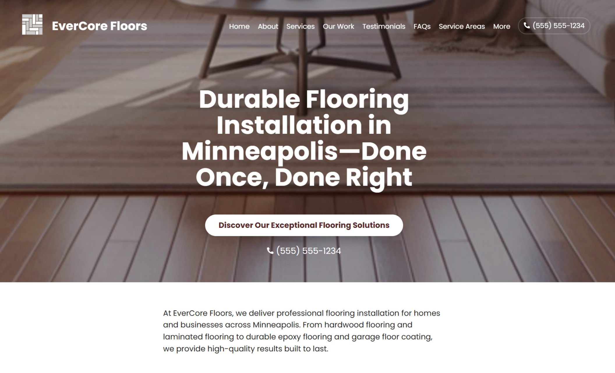 EverCore Floors homepage featuring a close-up of hardwood flooring beneath the headline “Durable Flooring Installation in Minneapolis—Done Once, Done Right” with a call-to-action button and phone number