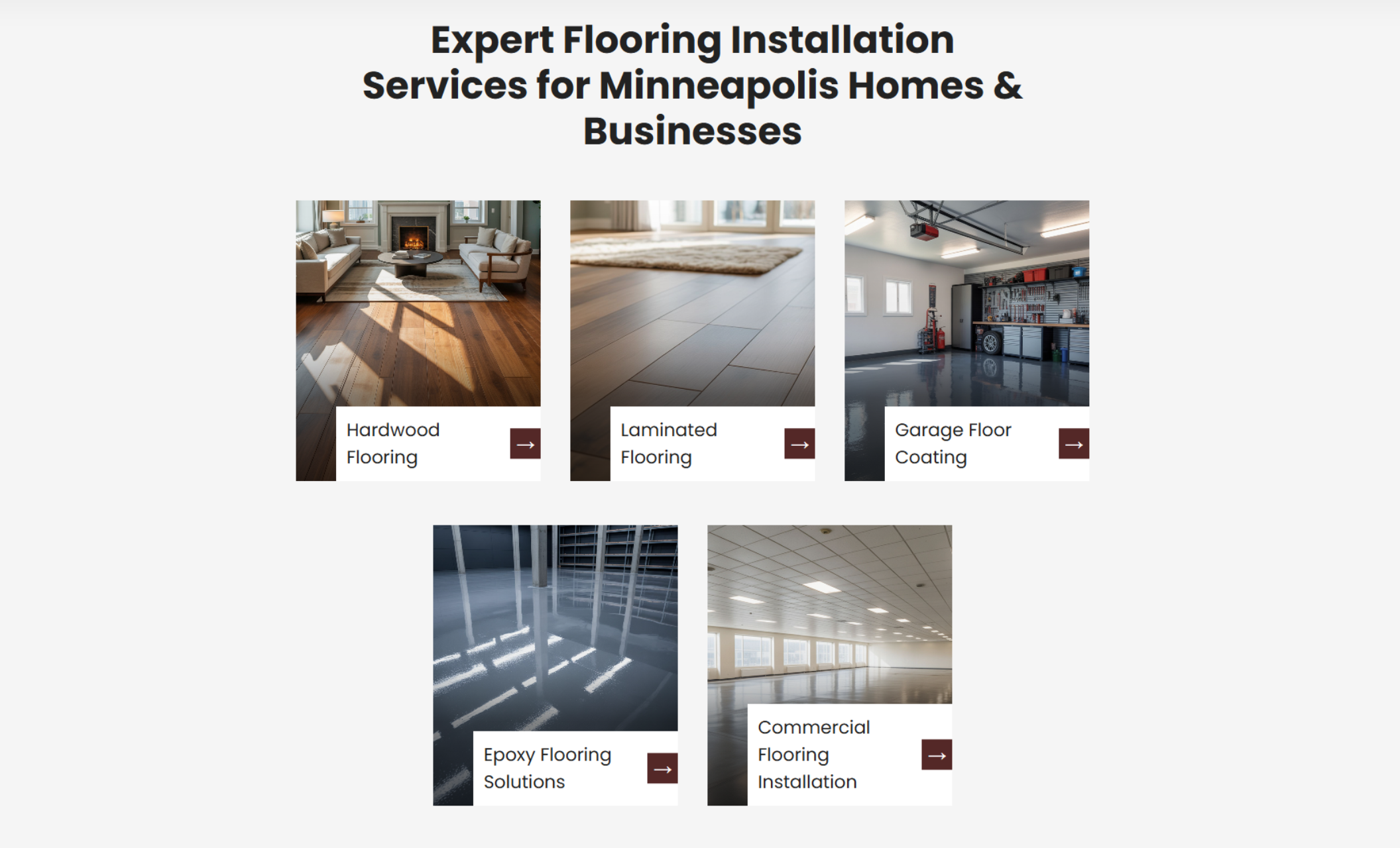 EverCore Floors services section titled “Expert Flooring Installation Services for Minneapolis Homes & Businesses,” showcasing options like hardwood, laminate, epoxy, garage, and commercial flooring
