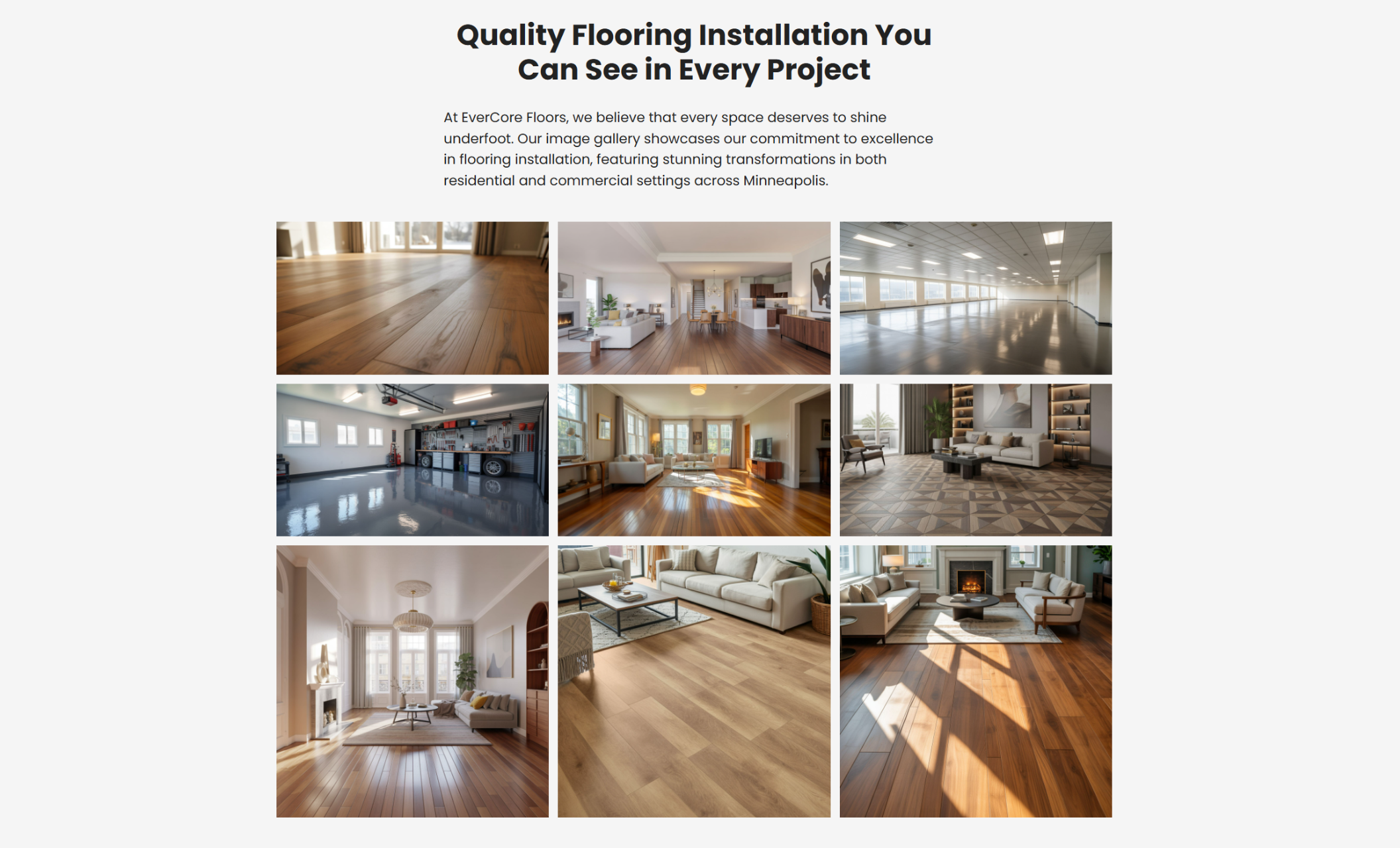 EverCore Floors gallery section titled “Quality Flooring Installation You Can See in Every Project,” displaying a grid of residential and commercial flooring images including hardwood, epoxy, and tiled spaces