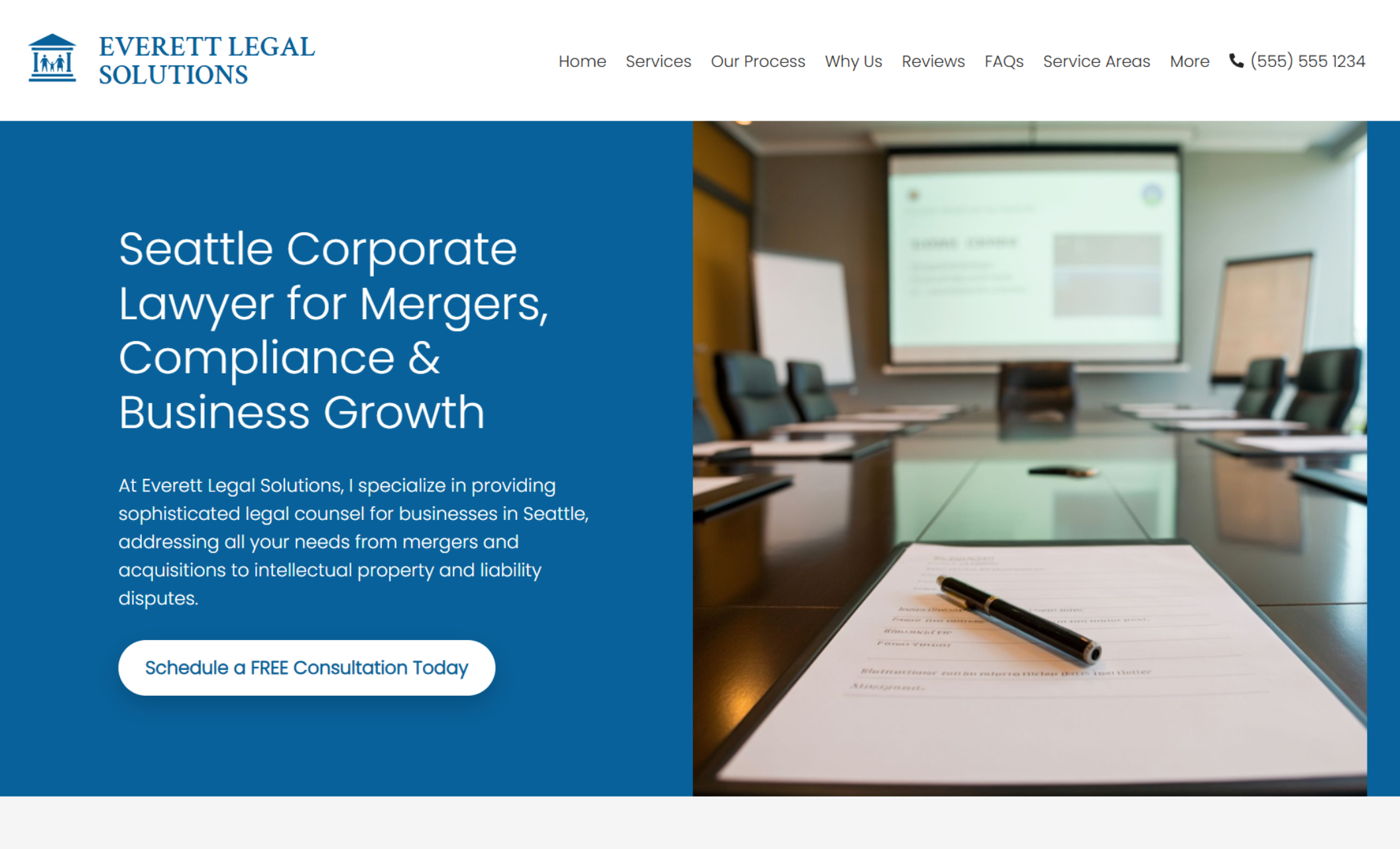 Everett Legal Solutions homepage featuring a conference room image with the headline “Seattle Corporate Lawyer for Mergers, Compliance & Business Growth” and a free consultation call-to-action