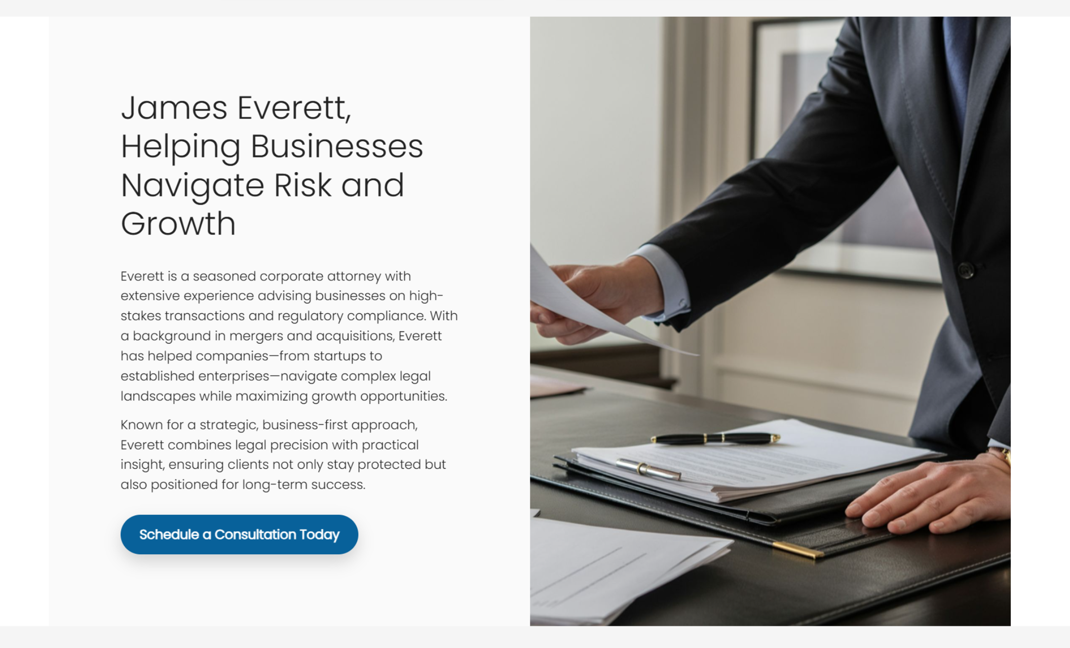 Profile section introducing James Everett with a professional portrait of a suited attorney reviewing documents beside text describing corporate legal expertise and a consultation button