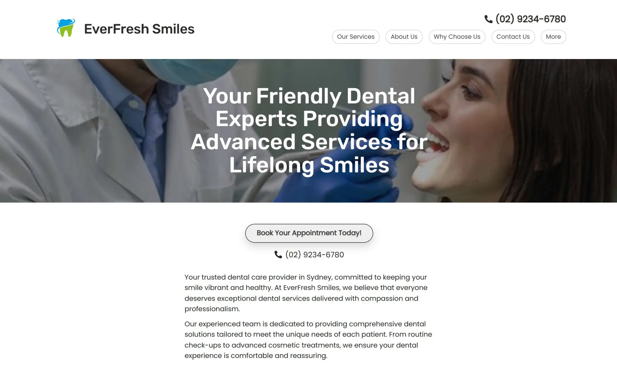 EverFresh Smiles' homepage featuring the image of a dentist working with a patient in the background, company branding, call-to-action button, and a brief introduction to he company