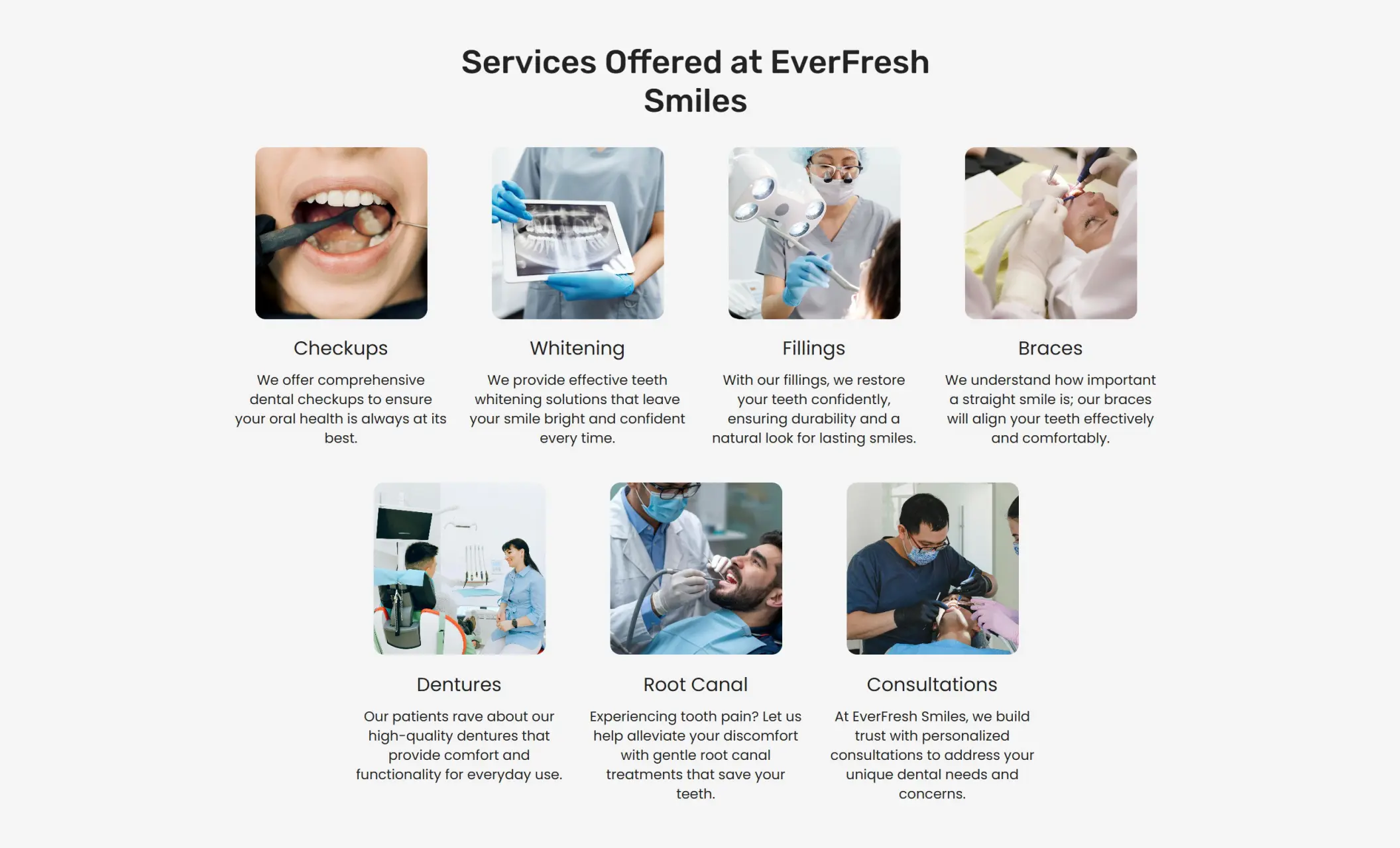 EverFresh Smiles' website section displaying available services including checkups, whitening, fillings, braces, dentures, root canal, and consultations