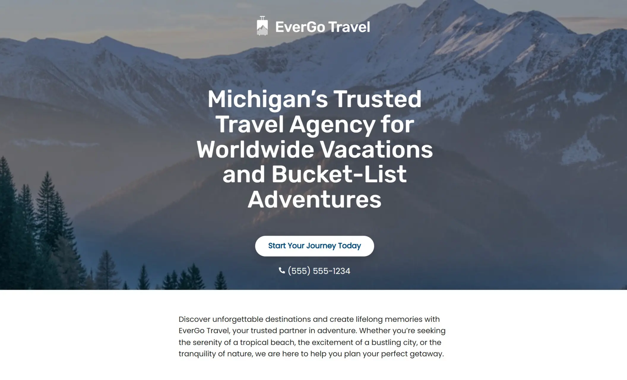 EverGo Travel's homepage featuring the image of a landscape, company branding, call-to-action button, and a brief introduction of the company
