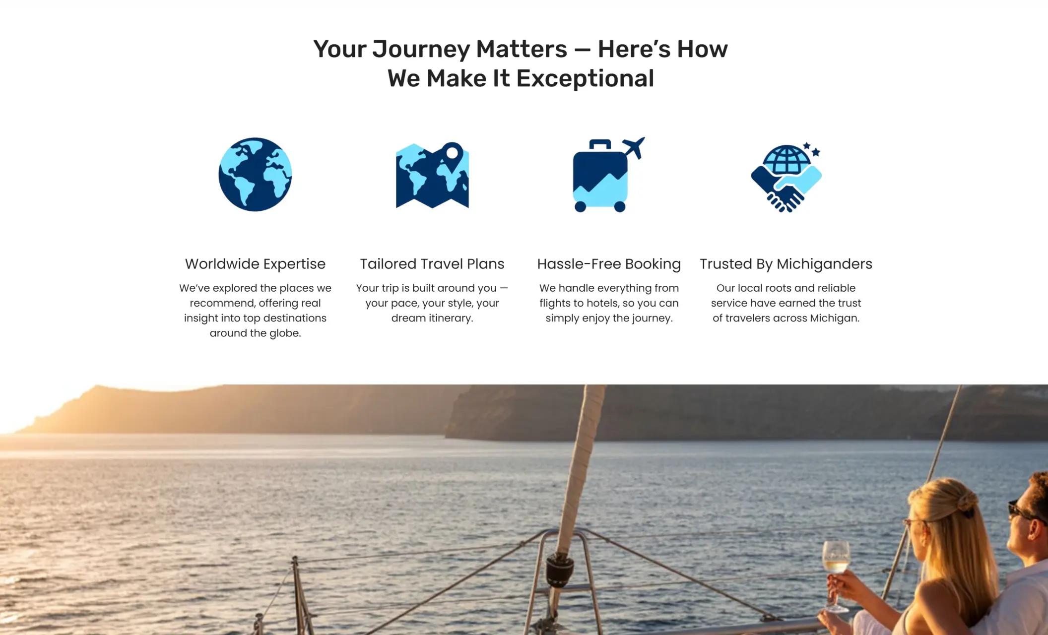 EverGo Travel's website displaying a section about why to choose the company, and an image of a couple sailing in the sea during sunset