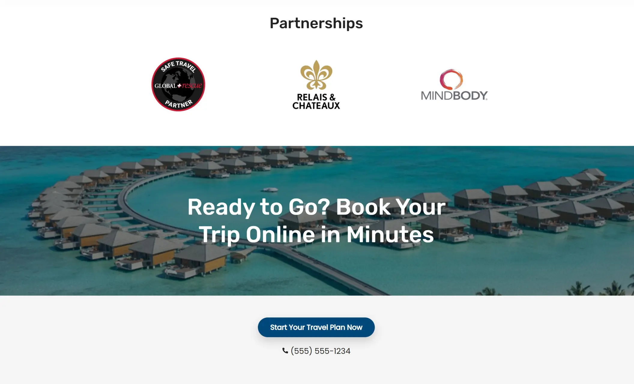 EverGo Travel's website displaying partnerships, and a call to action button with the image of villas in the sea