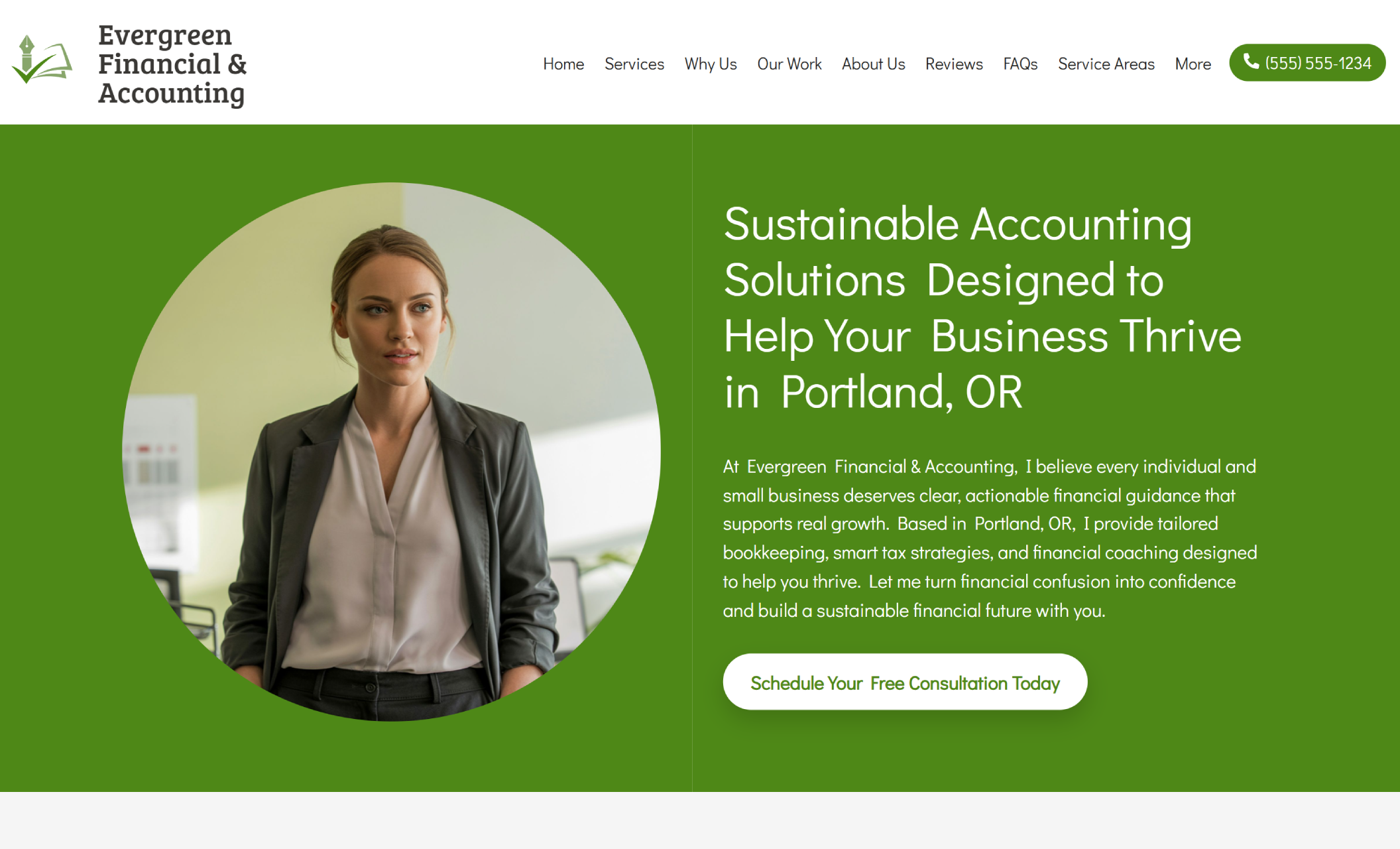 Evergreen Financial & Accounting homepage hero showing a confident businesswoman in a gray blazer inside a large green circular frame beside the headline “Sustainable Accounting Solutions Designed to Help Your Business Thrive in Portland, OR.”