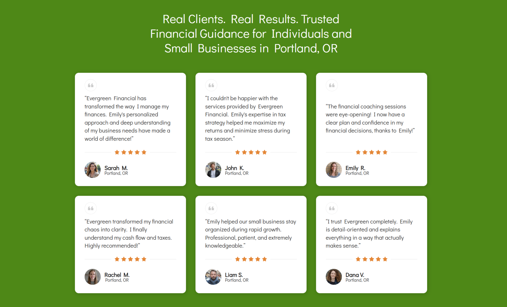 Grid of six client testimonial cards on a green background, each with a quote, star rating, and small portrait of Portland-area clients praising Evergreen Financial & Accounting