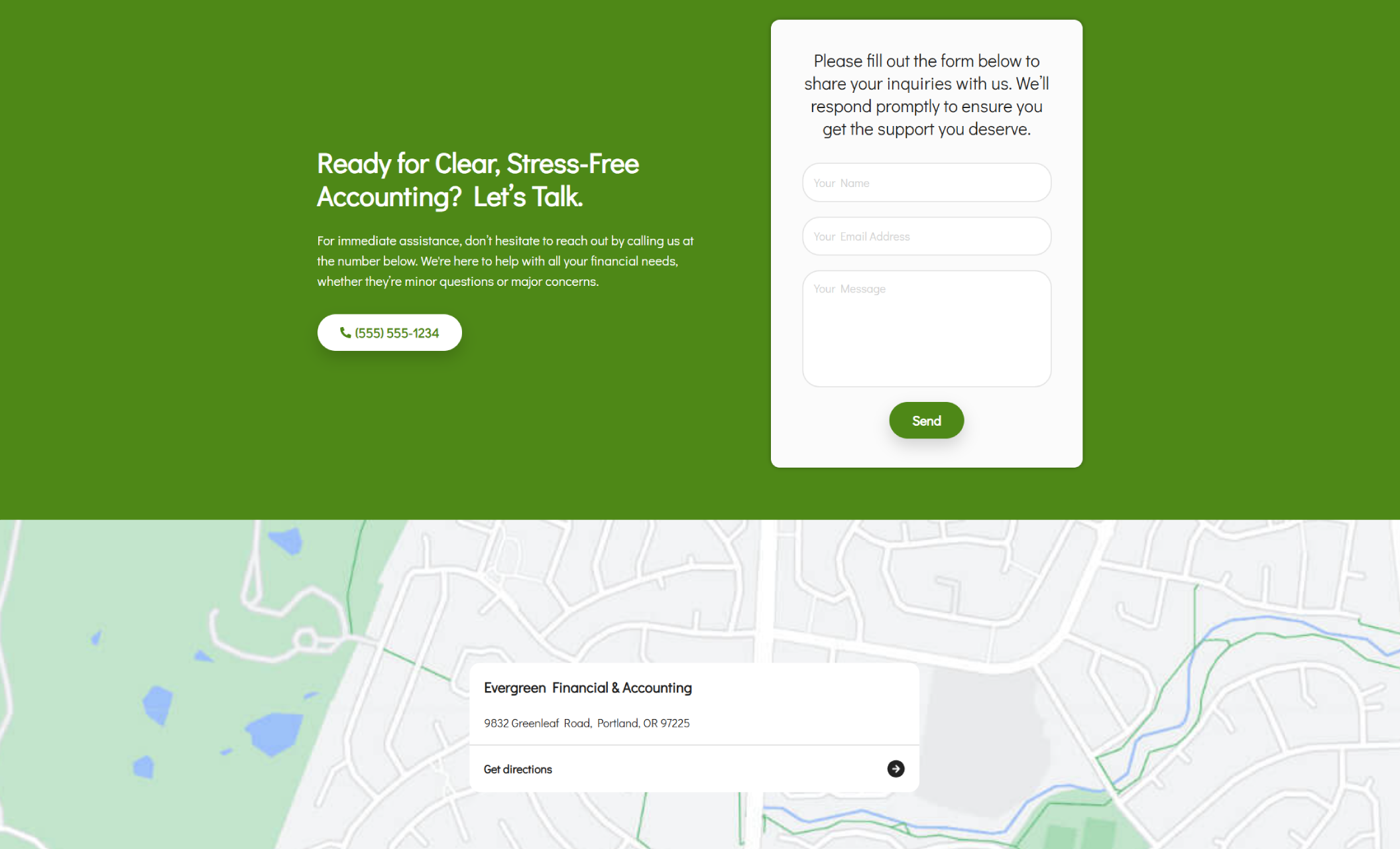 Evergreen Financial & Accounting contact section featuring a green background with a phone number button on the left and a white contact form on the right, with a Portland map and address displayed below
