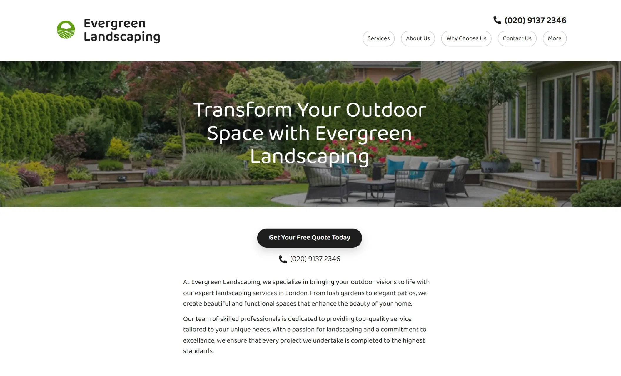 Evergreen Landscaping's homepage featuring the image of a backyard in the background, company branding, call-to-action button, and a brief introduction of the company