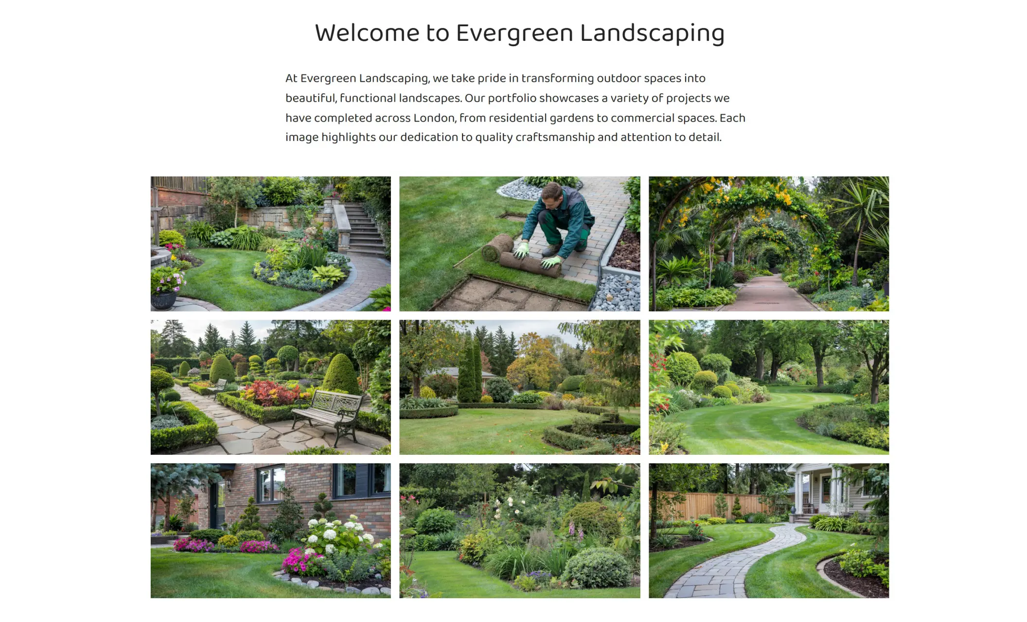 Evergreen Landscaping's website displaying an image gallery with projects