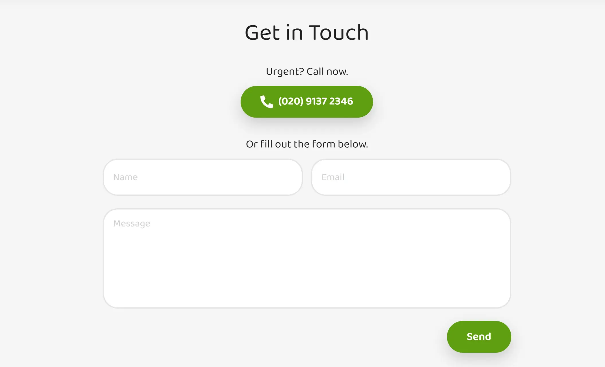 Evergreen Landscaping's website displaying a contact form