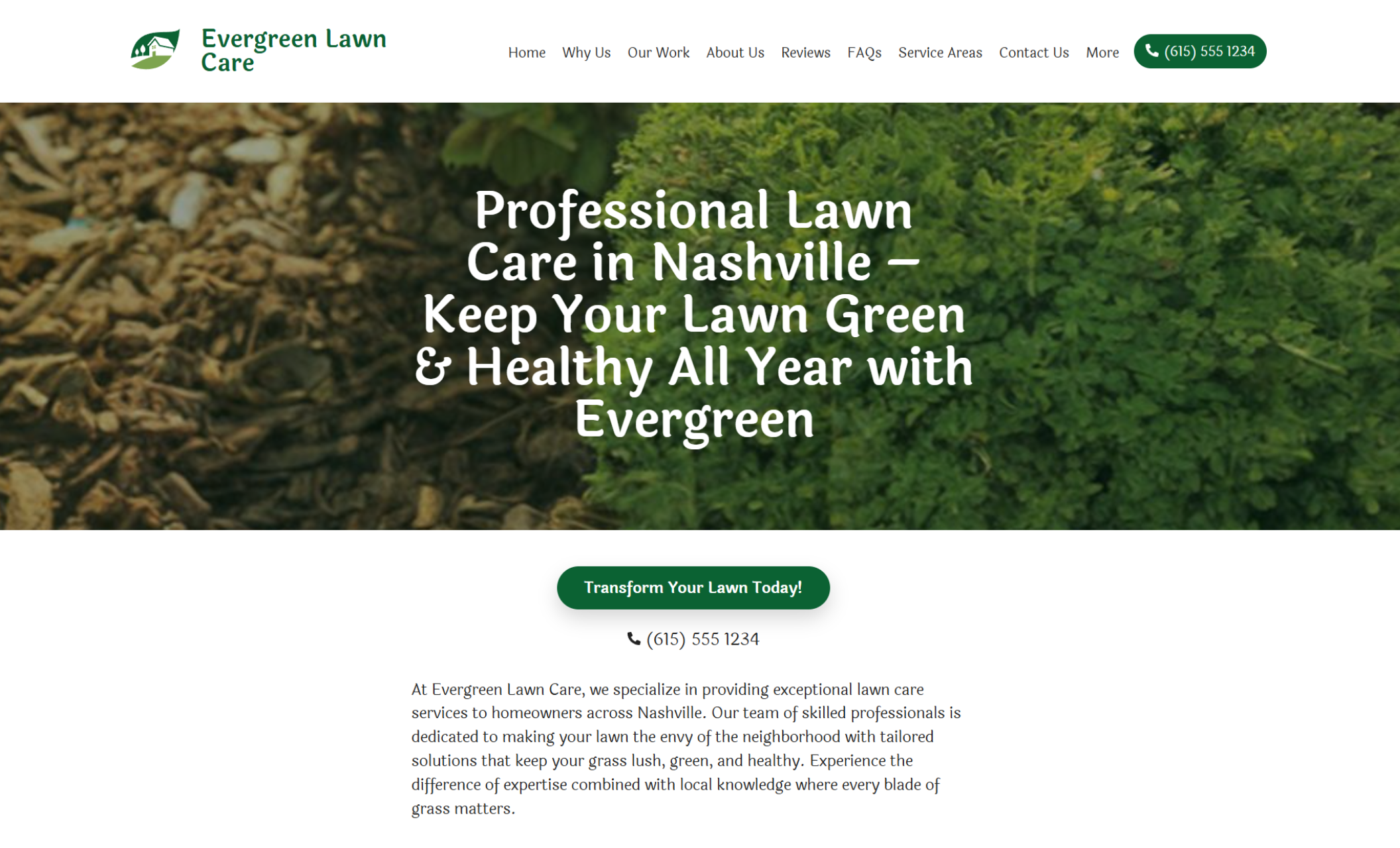 Evergreen Lawn Care homepage featuring a close-up of lush green plants and mulch in the background with a bold headline that reads “Professional Lawn Care in Nashville – Keep Your Lawn Green & Healthy All Year with Evergreen” and a green call-to-action button