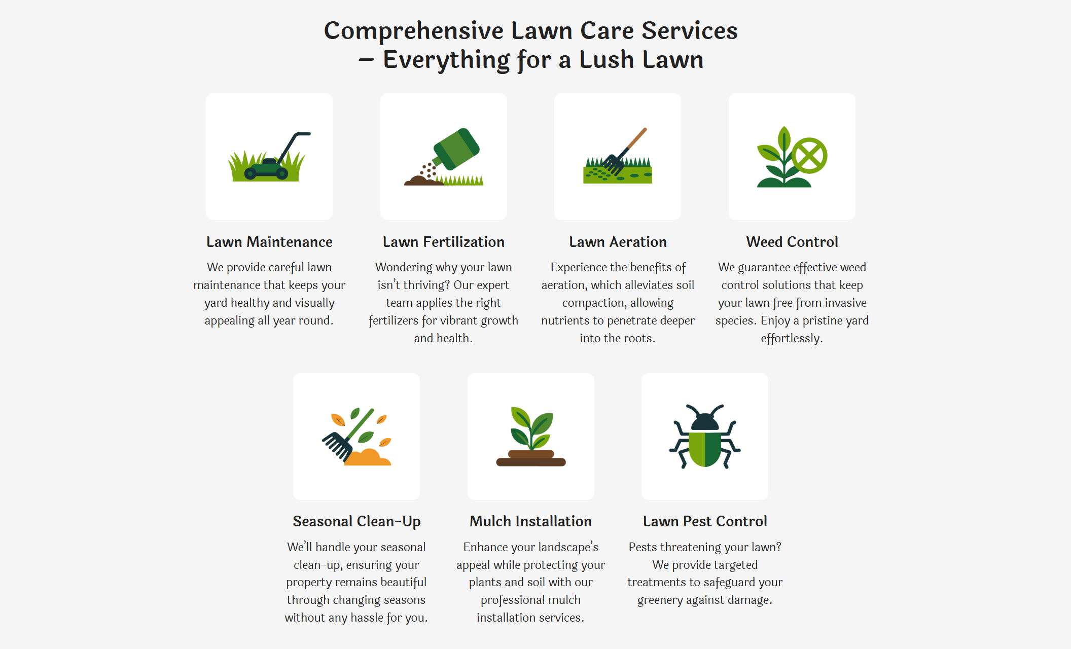 vergreen Lawn Care services section displaying colorful icons and short descriptions for offerings like Lawn Maintenance, Fertilization, Aeration, Weed Control, Seasonal Clean-Up, Mulch Installation, and Pest Control under the headline “Comprehensive Lawn Care Services – Everything for a Lush Lawn.”