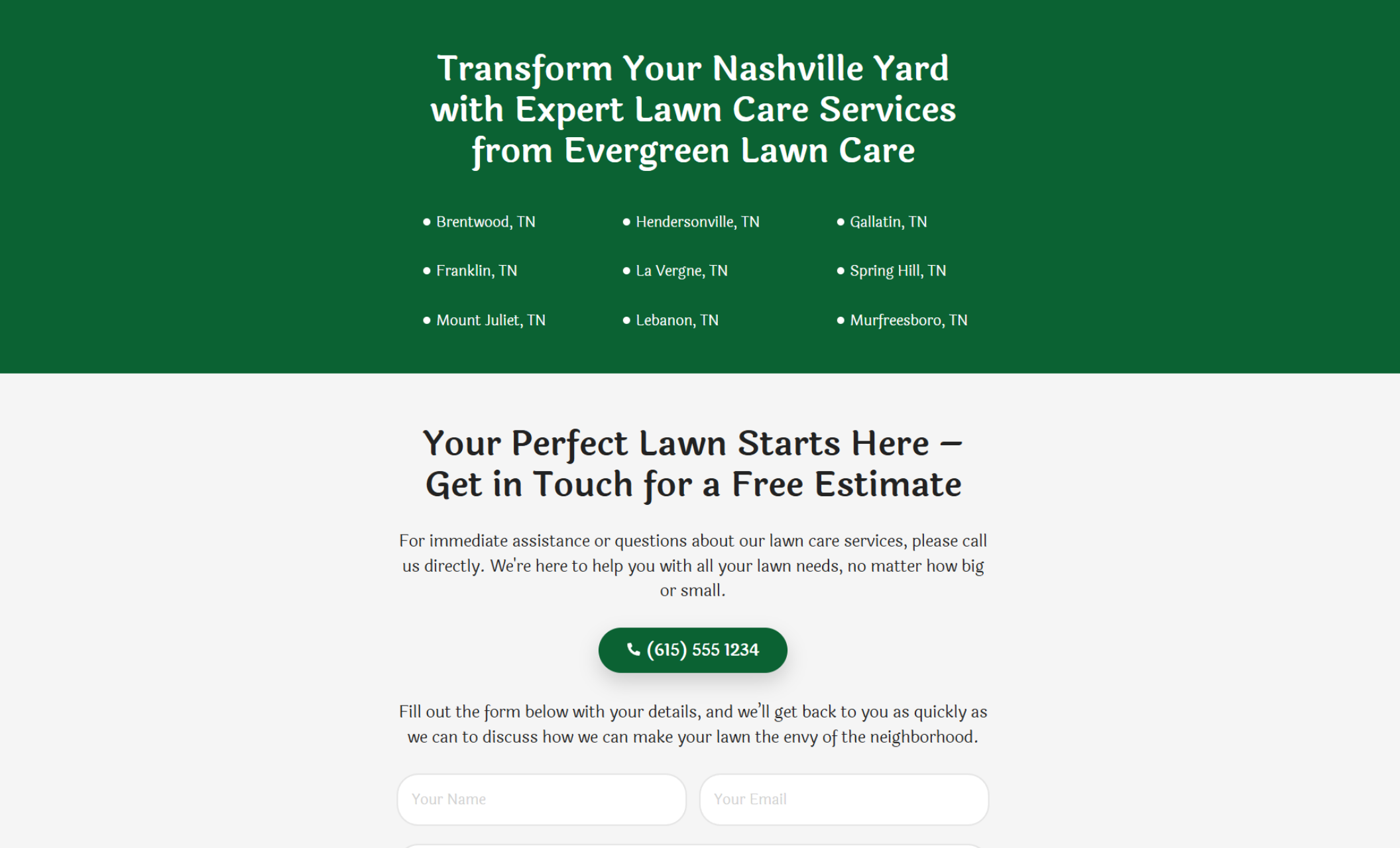 Evergreen Lawn Care service section featuring a bold headline “Transform Your Nashville Yard with Expert Lawn Care Services,” a list of service areas like Brentwood and Franklin, and a green call button with the number (615) 555-1234 above a simple contact form