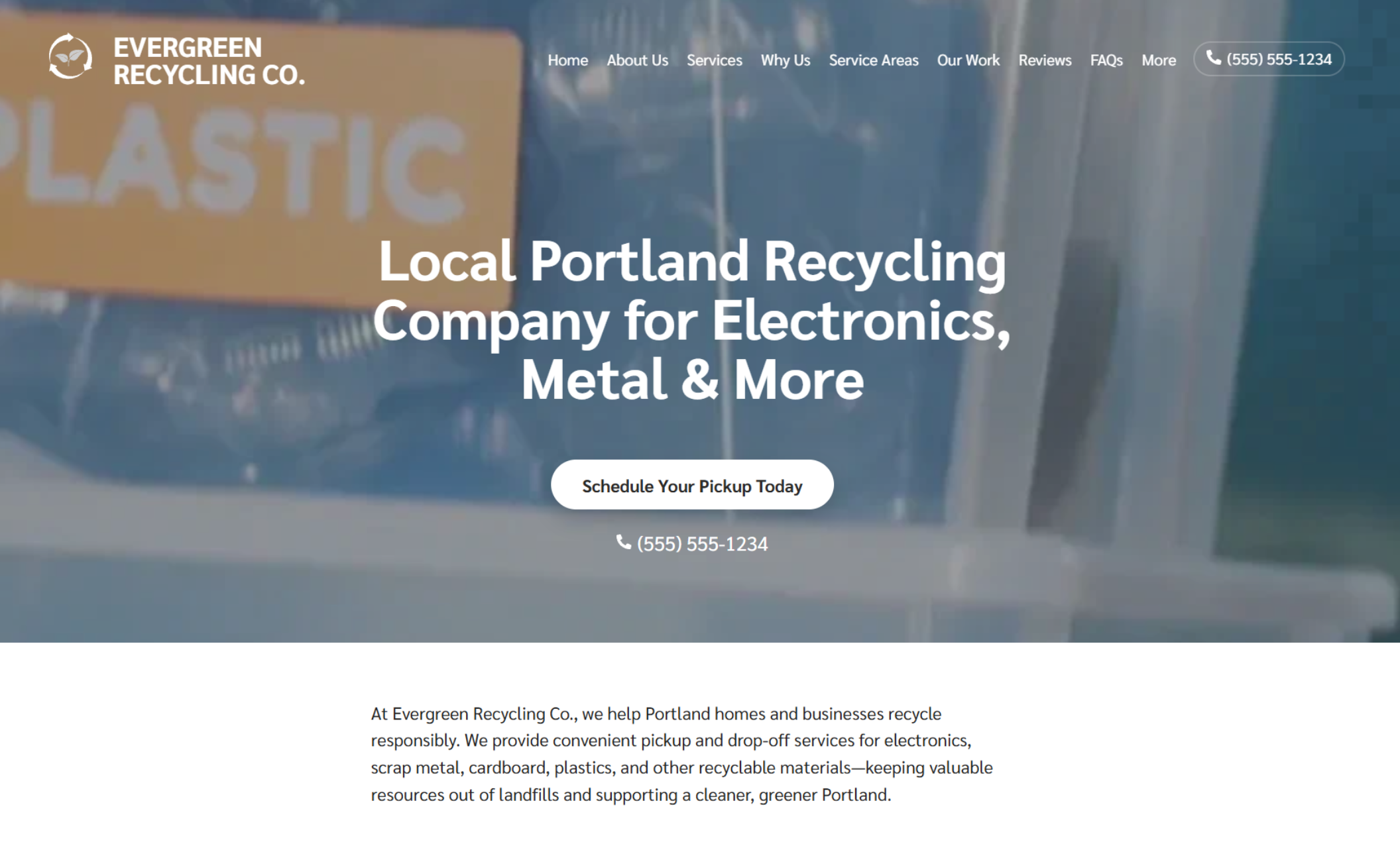 Evergreen Recycling Co. homepage hero displaying the headline “Local Portland Recycling Company for Electronics, Metal & More,” with a “Schedule Your Pickup Today” button and navigation menu