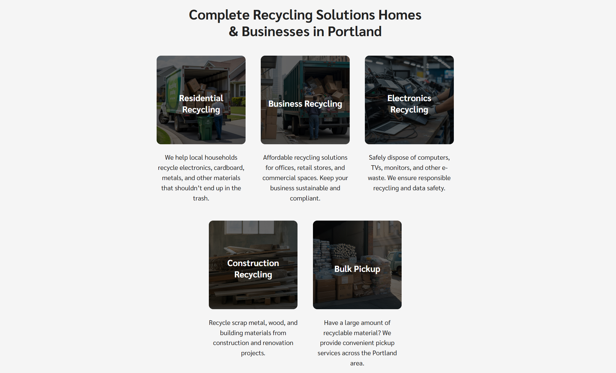 Evergreen Recycling Co. services section titled “Complete Recycling Solutions Homes & Businesses in Portland,” showcasing categories like residential, business, electronics, construction, and bulk pickup with supporting images
