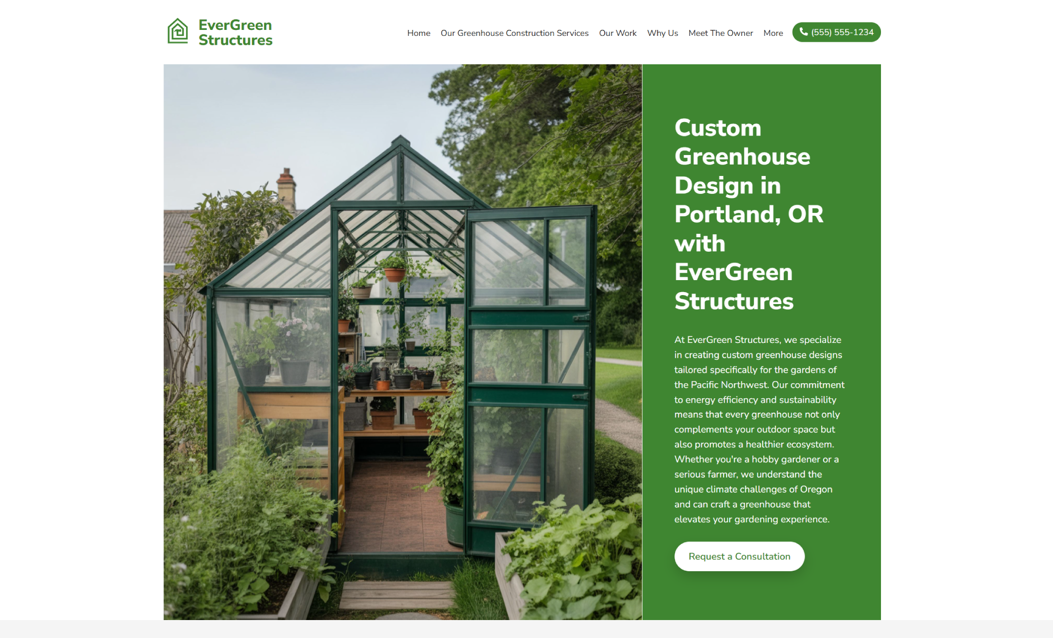 EverGreen Structures homepage hero section showing a backyard glass greenhouse filled with plants beside the headline “Custom Greenhouse Design in Portland, OR with EverGreen Structures” and a green button that says “Request a Consultation.”