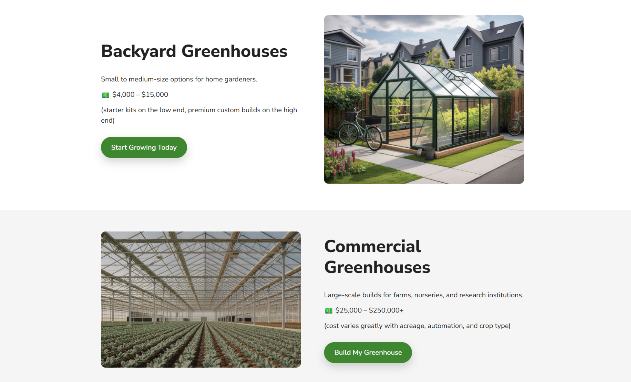 EverGreen Structures greenhouse options section displaying two offerings: a backyard greenhouse priced $4,000–$15,000 with an image of a small glass structure in a yard, and a commercial greenhouse priced $25,000–$250,000+ with an image of a large-scale farming facility