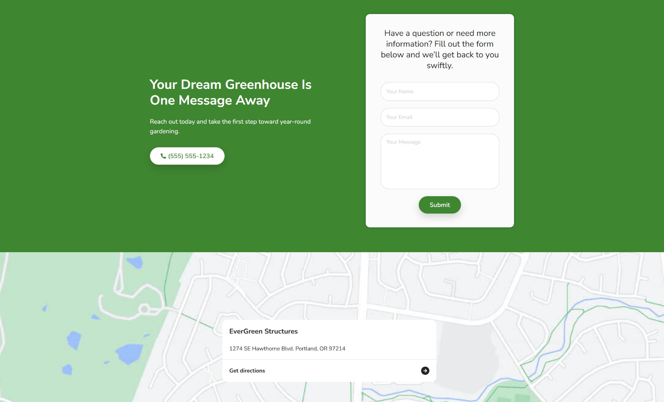 EverGreen Structures contact page featuring a green background with a phone number, contact form, and location map pinpointing the office at 1274 SE Hawthorne Blvd, Portland, OR 97214