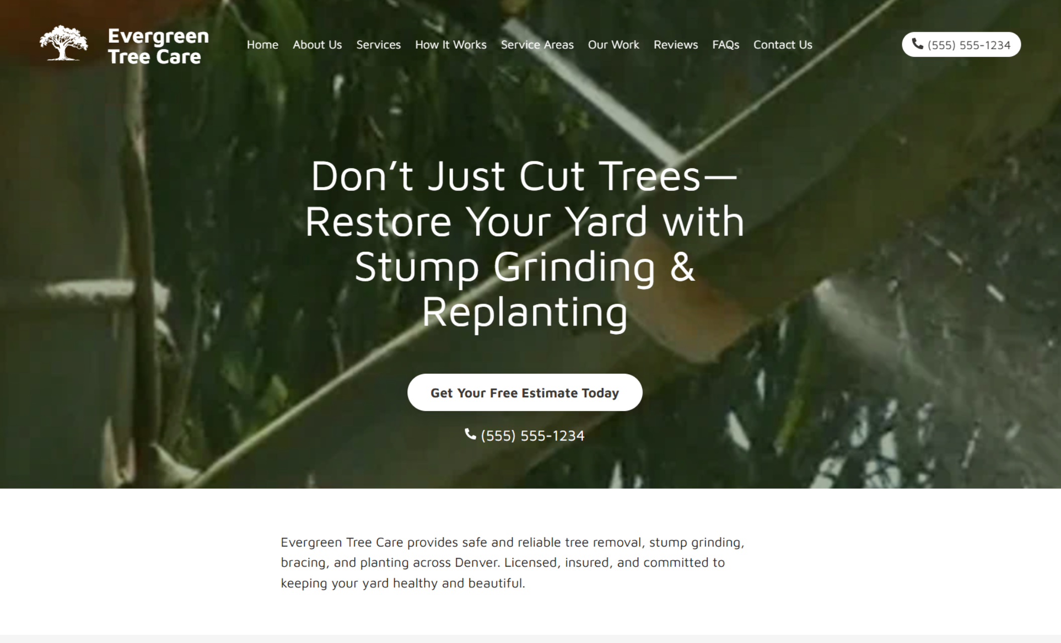 Evergreen Tree Care homepage hero section with the headline “Don’t Just Cut Trees—Restore Your Yard with Stump Grinding & Replanting,” a free estimate button, and background image of a tree cutting in progress