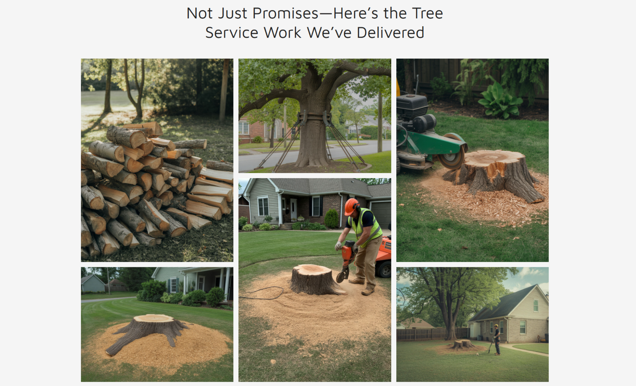 Thrive Tree Experts work gallery section featuring six photos of completed jobs including stump grinding, wood stacking, and tree bracing, under the headline “Not Just Promises—Here’s the Tree Service Work We’ve Delivered.”
