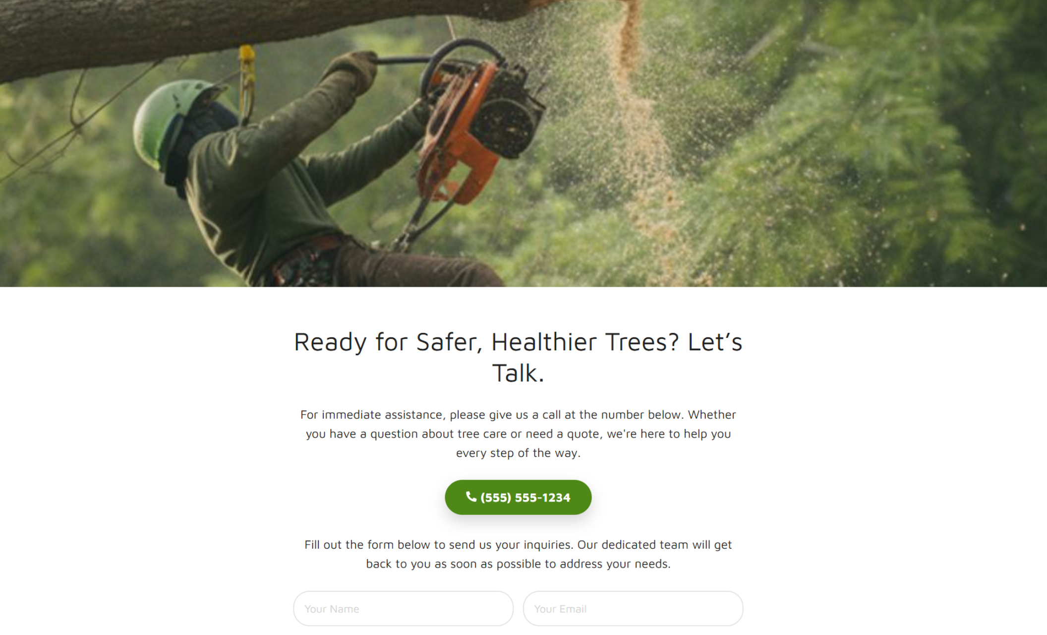 Thrive Tree Experts contact section with a background photo of a tree worker using a chainsaw mid-cut, headline “Ready for Safer, Healthier Trees? Let’s Talk,” and a green call button displaying the phone number