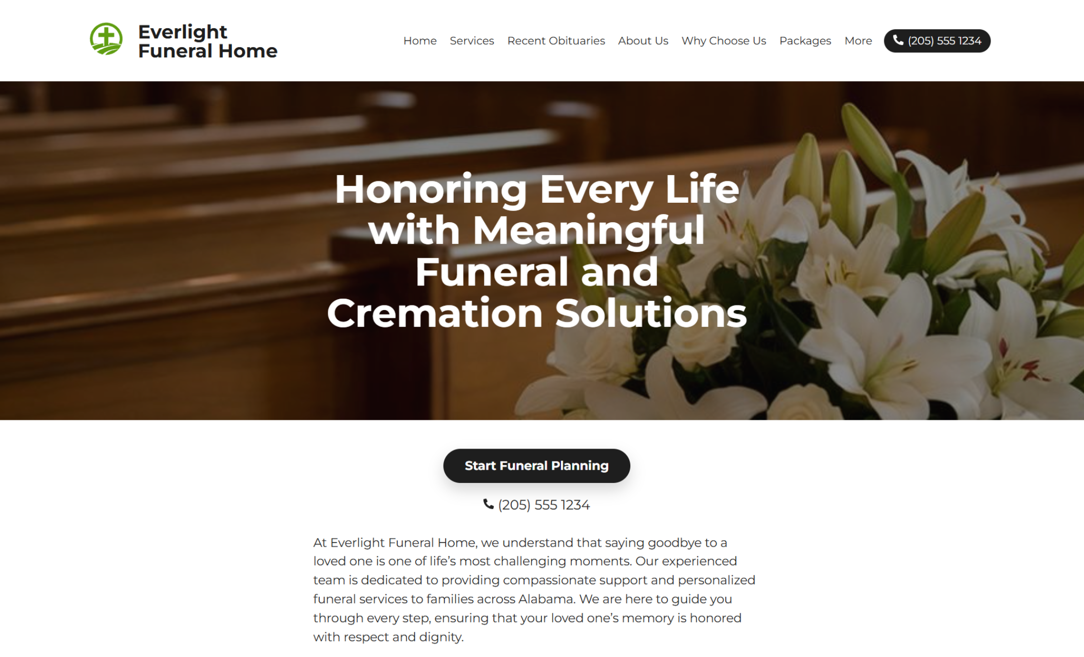 Everlight Funeral Home homepage featuring a close-up of white lilies on a casket beside the headline “Honoring Every Life with Meaningful Funeral and Cremation Solutions” and a button that says “Start Funeral Planning.”