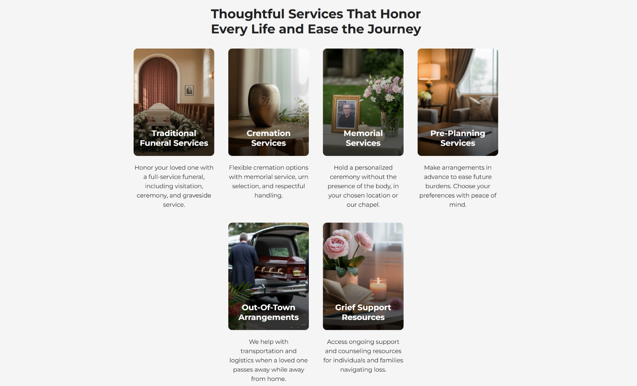 Everlight Funeral Home services section with six service cards for Traditional Funeral Services, Cremation Services, Memorial Services, Pre‑Planning Services, Out‑of‑Town Arrangements, and Grief Support Resources, each with descriptive text and relevant imagery