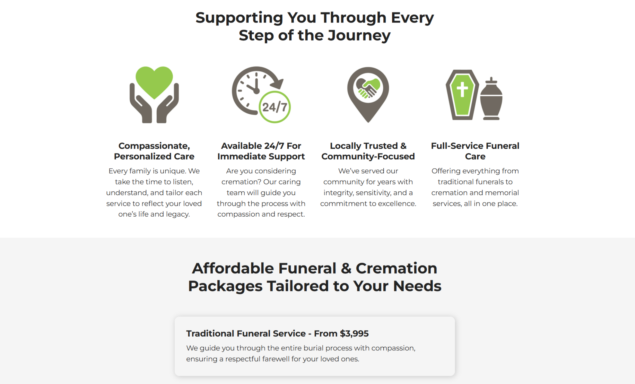 Everlight Funeral Home features and pricing section highlighting Compassionate, Personalized Care, 24/7 Immediate Support, Local Trust, and Full‑Service Funeral Care above a pricing block for Traditional Funeral Service starting at $3,995