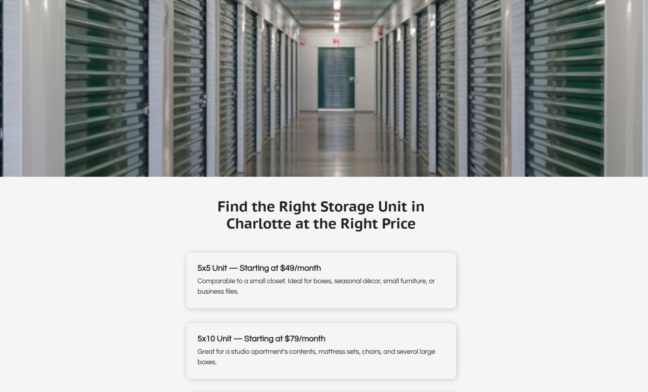 EverSafe Storage pricing page section titled “Find the Right Storage Unit in Charlotte at the Right Price” highlighting 5x5 and 5x10 unit options with monthly starting rates