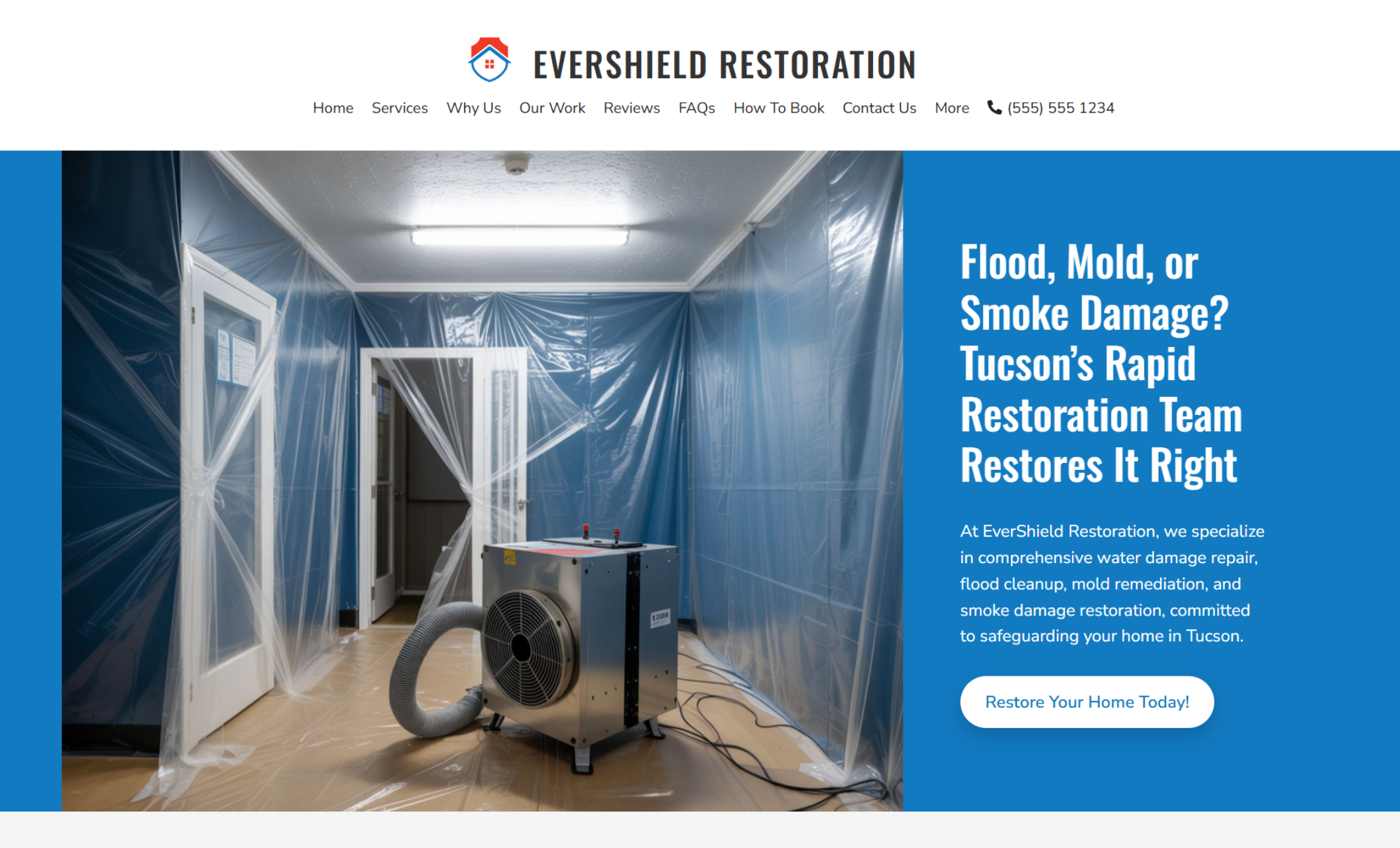 EverShield Restoration homepage featuring plastic containment barriers and drying equipment beside the headline “Flood, Mold, or Smoke Damage? Tucson’s Rapid Restoration Team Restores It Right.”
