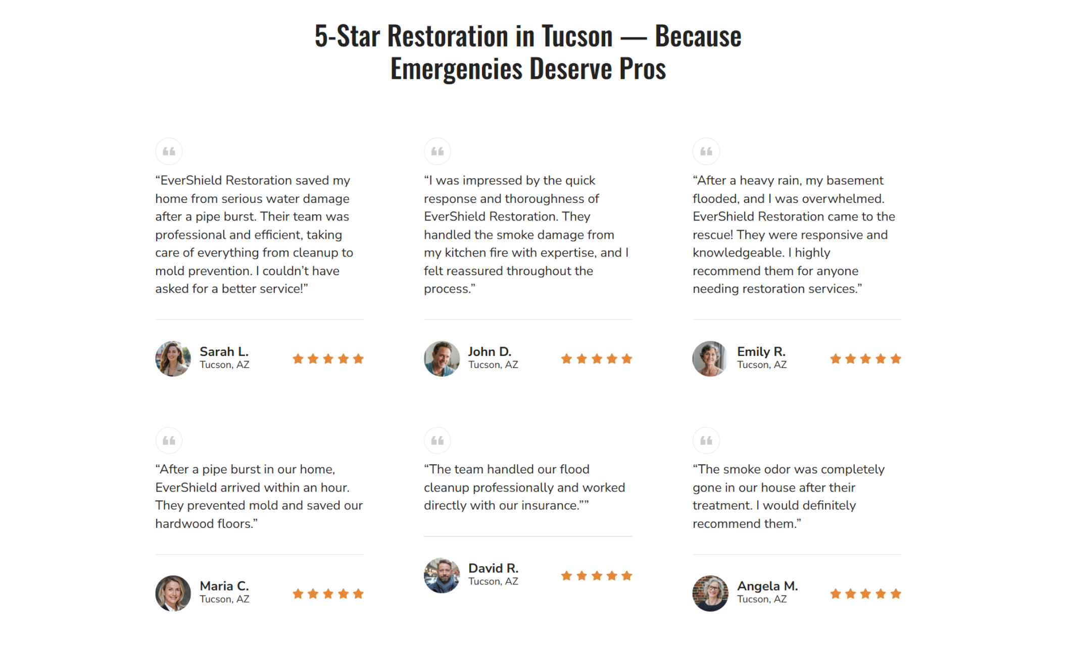 EverShield Restoration website section titled “5-Star Restoration in Tucson — Because Emergencies Deserve Pros,” featuring six customer testimonials with profile photos, star ratings, and reviews from Tucson homeowners