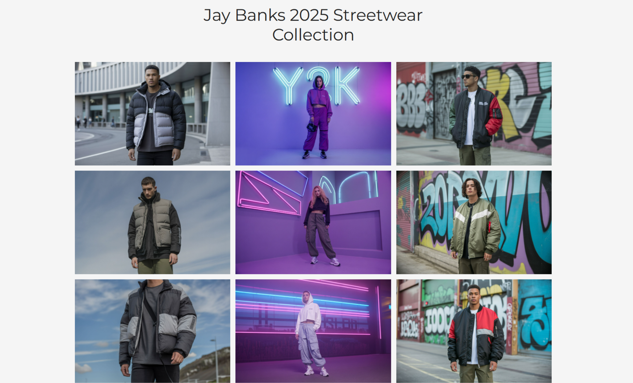 Streetwear gallery section titled “Jay Banks 2025 Streetwear Collection” featuring a 3x3 grid of editorial-style photos showcasing models in oversized jackets, urban sets, and neon-lit environments
